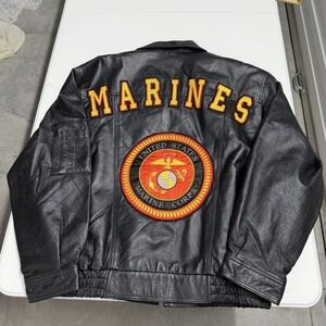 Vintage Black Leather Bomber Jacket Zip Up Utility Pocket Mens XL Marines